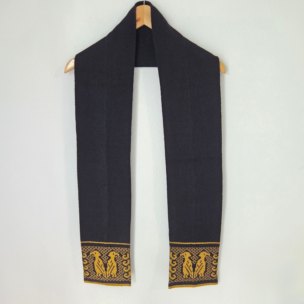 ELA-design Made in Norway Knit Scarf Black Mustard Yellow Bird Nordic Folk 70in